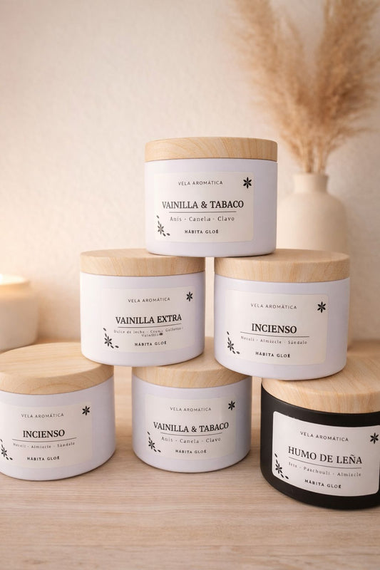 Vela aromática con mecha de madera
